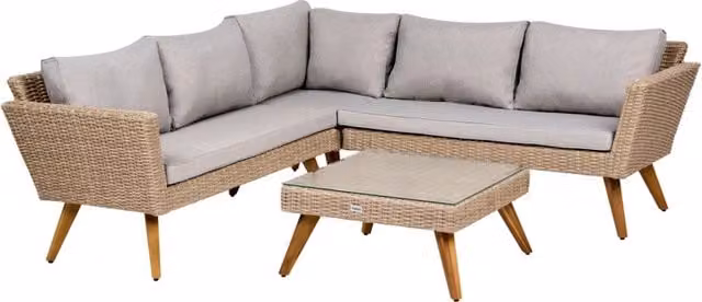 Set da giardino Beliani in polyrattan con divano angolare a 6 posti, cuscini grigi e tavolino da caffè, stile rustico per esterni