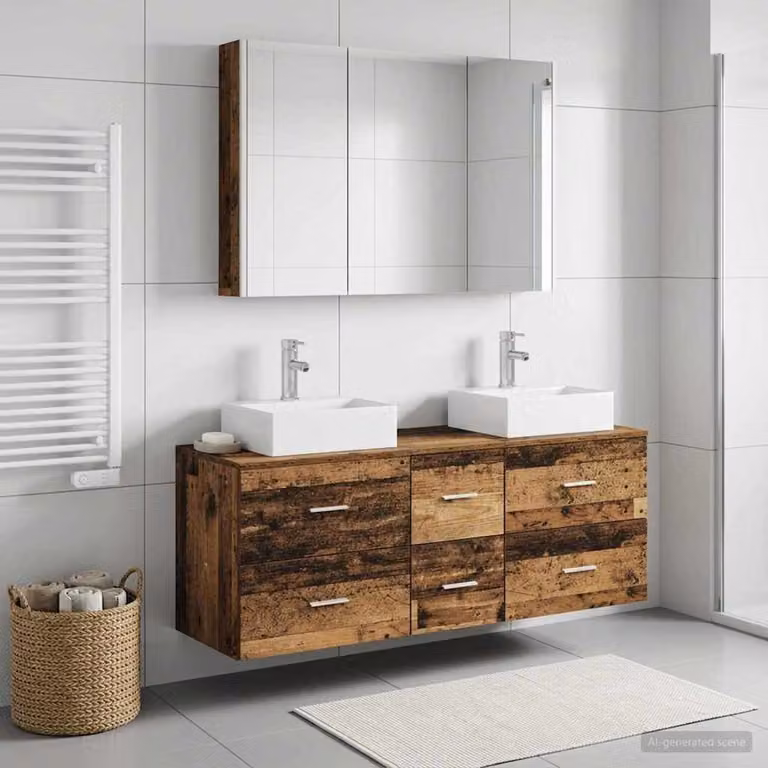 Set di mobili per il bagno moderno vidaXL in legno e vetro marrone con armadietto specchio a LED e mobile lavabo con cassetti