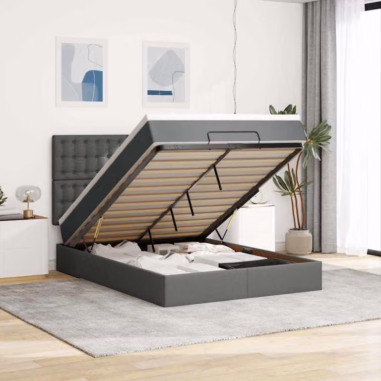 Letto con contenitore a sollevamento e materasso vidaXL in tessuto grigio e bianco, L/P/H: 193 x 144 x 128 cm