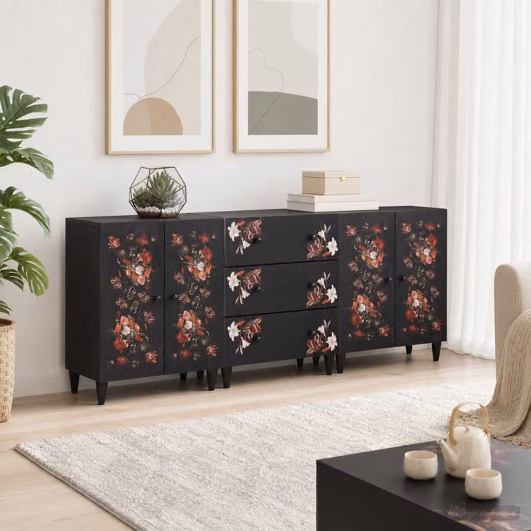 Set di 3 armadi da stoccaggio vidaXL in legno di mango multicolore e nero, design moderno con ante a battente e ripiani interni, L: 180 cm, P: 33 cm, H: 75 cm
