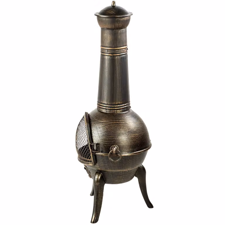 Chiminea TecTake GmbH in ghisa e acciaio grigio con base in legno L: 52 cm, P: 44 cm, H: 115 cm