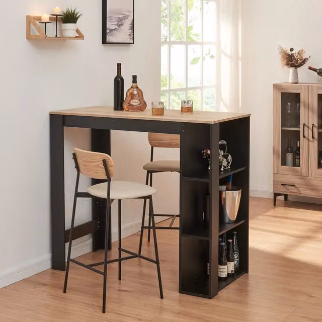 Tavolo alto da bar Danderyd en.casa con 3 ripiani laterali, Nero e Effetto Rovere, L: 120 cm, P: 60 cm, H: 106 cm