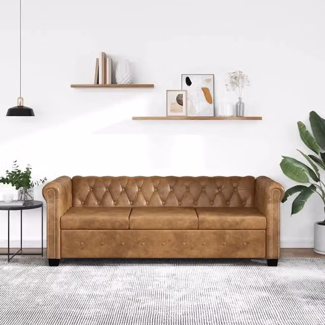 Divano Chesterfield a 3 Posti VIDAXL in Finta Pelle Marrone con Struttura in Legno Massello L: 200,5 cm, P: 76,0 cm, H: 70,0 cm