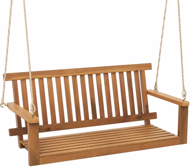 Panchina a dondolo in legno di acacia marrone con braccioli e corde di canapa per giardino, balcone o terrazzo