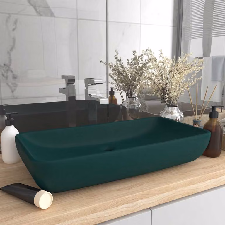 Lavabo da appoggio rettangolare vidaXL in ceramica verde scuro opaco L: 71 cm, P: 38 cm, H: 13,5 cm