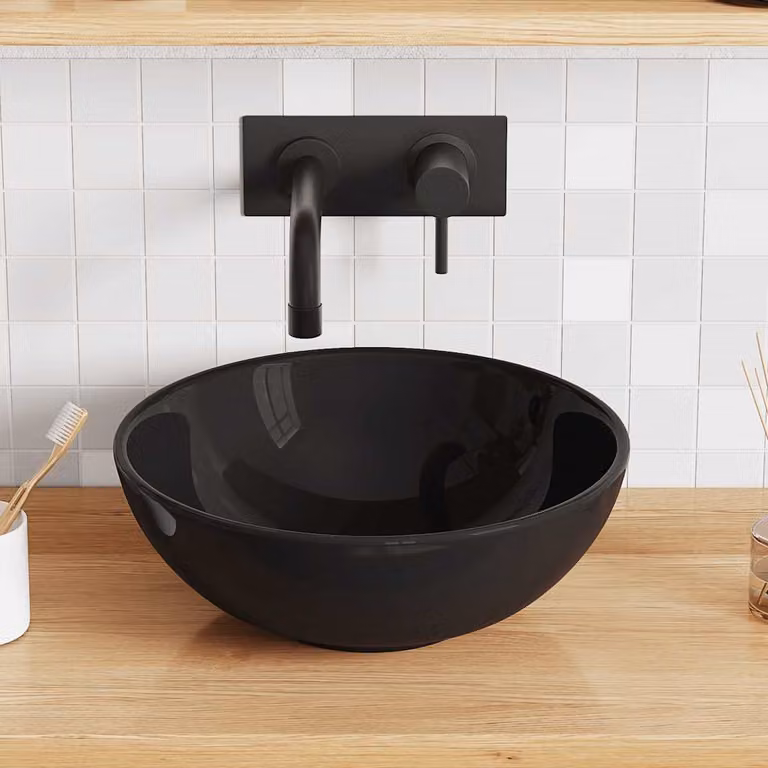 Lavandino rotondo da appoggio vidaXL in ceramica nero lucido, Ø: 28 cm