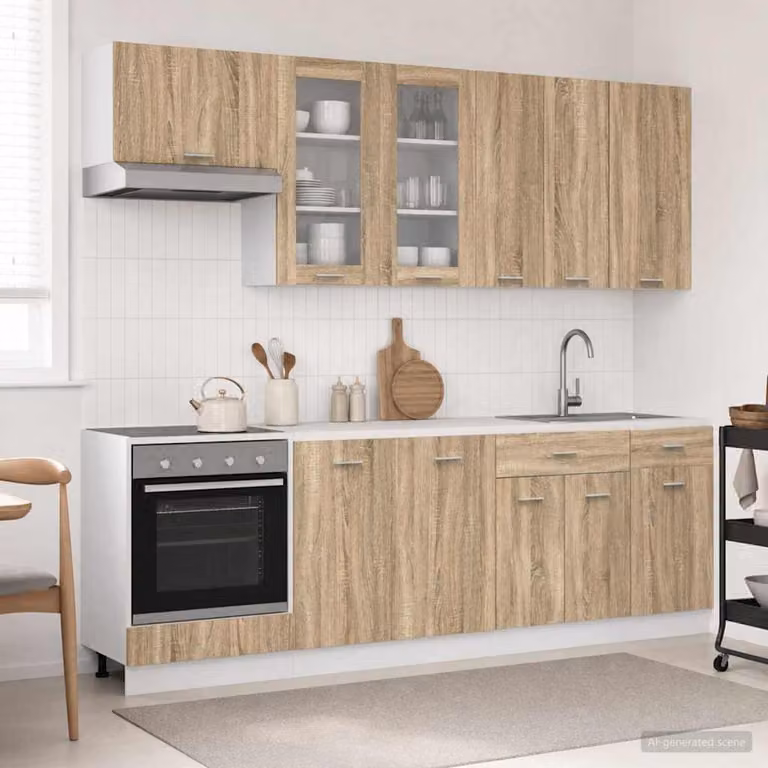 Unità cucina moderna vidaXL LYON composta da 8 pezzi in legno ingegnerizzato e MDF, colore Rovere Sonoma, con ante in vetro