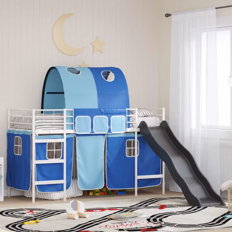 vidaXL Letto a castello per bambini con struttura a casetta e scale, Bianco e Blu, L/P/H: 190 x 90 x 194 cm