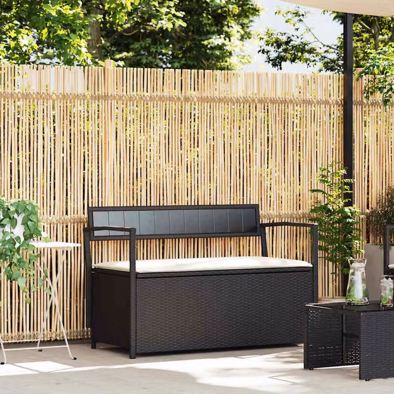 vidaXL Panca Portaoggetti da Giardino in Polyrattan con Cuscini, Colore Nero, L: 111.5 cm, P: 54 cm, H: 74 cm