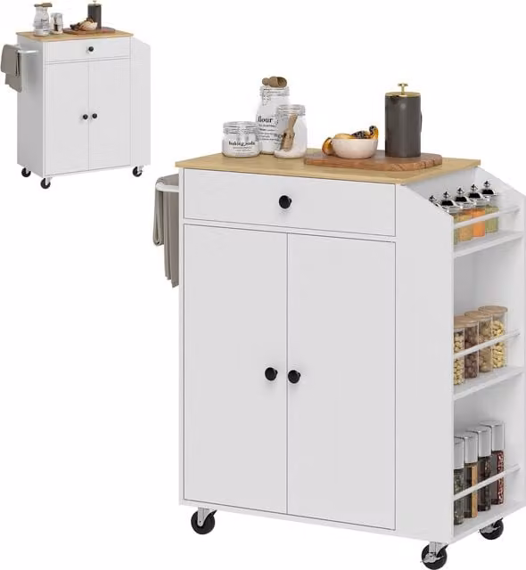 Carrello da cucina HOMCOM con cassetto, armadietto e portasciugamani, Bianco/Quercia, L 82 cm x P 38 cm x H 86,5 cm
