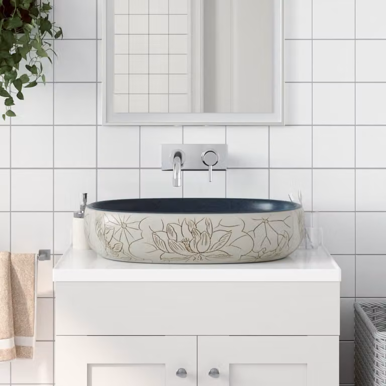 Lavabo da appoggio ovale vidaXL in ceramica, colori sabbia e blu, L: 59 cm, P: 40 cm, H: 14 cm