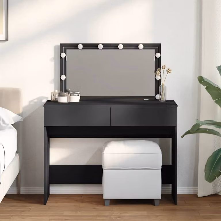 Toeletta Hollywood con LED vidaXL in legno nero opaco L: 100 cm, P: 40 cm, H: 120 cm