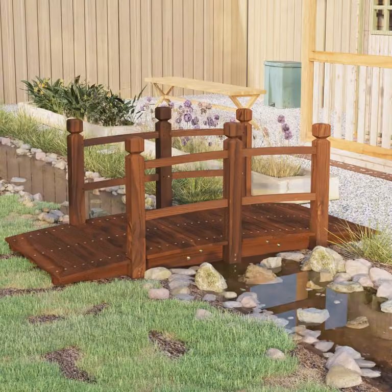 Ponte per giardino con ringhiere vidaXL in legno massello di abete rosso, colore marrone, L 150 x P 67 x H 56 cm