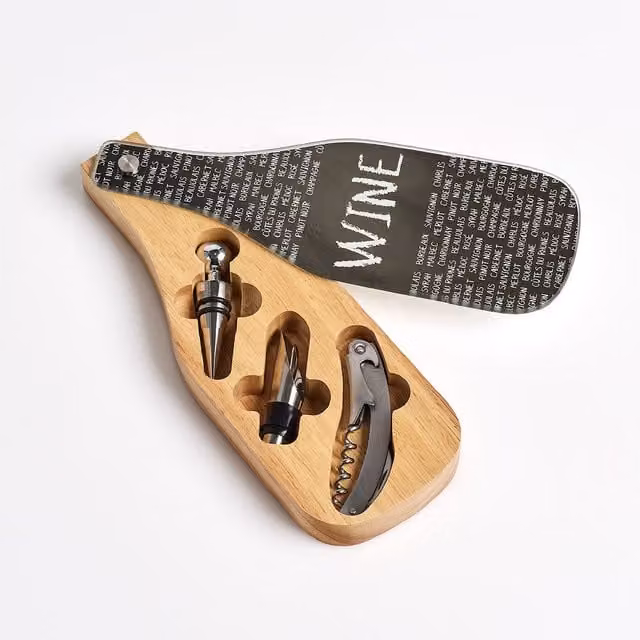 Kit 3 Accessori per Vino Zeller Present Multicolore con Tappo e Versatore Antigoccia in Legno