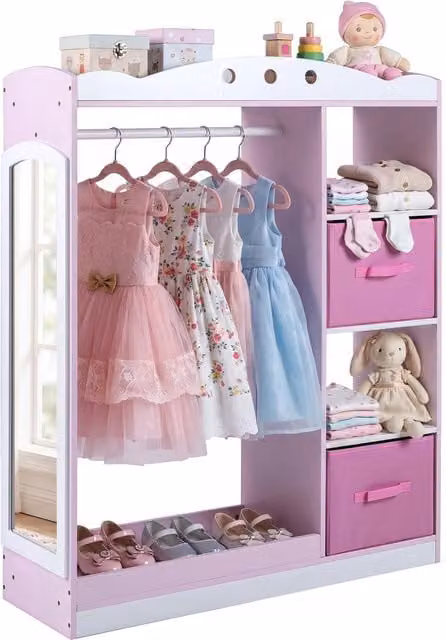Guardaroba per bambini moderno con asta appendiabiti, 2 scaffali aperti e 2 cassetti pieghevoli, Rosa e Bianco