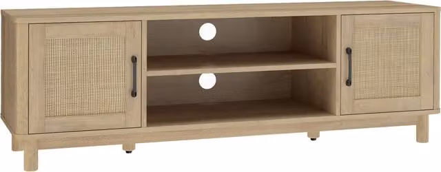Mobile TV HOMCOM in rovere con ante in rattan e scomparti aperti, L 135 x P 39 x H 45 cm