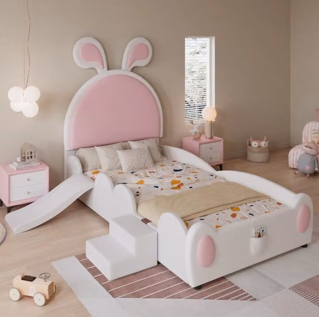 Letto a casetta imbottito per bambini con scivolo, scaletta e scomparti laterali, Bianco e Rosa, L/P/H: 209.5 x 90 x 150 cm