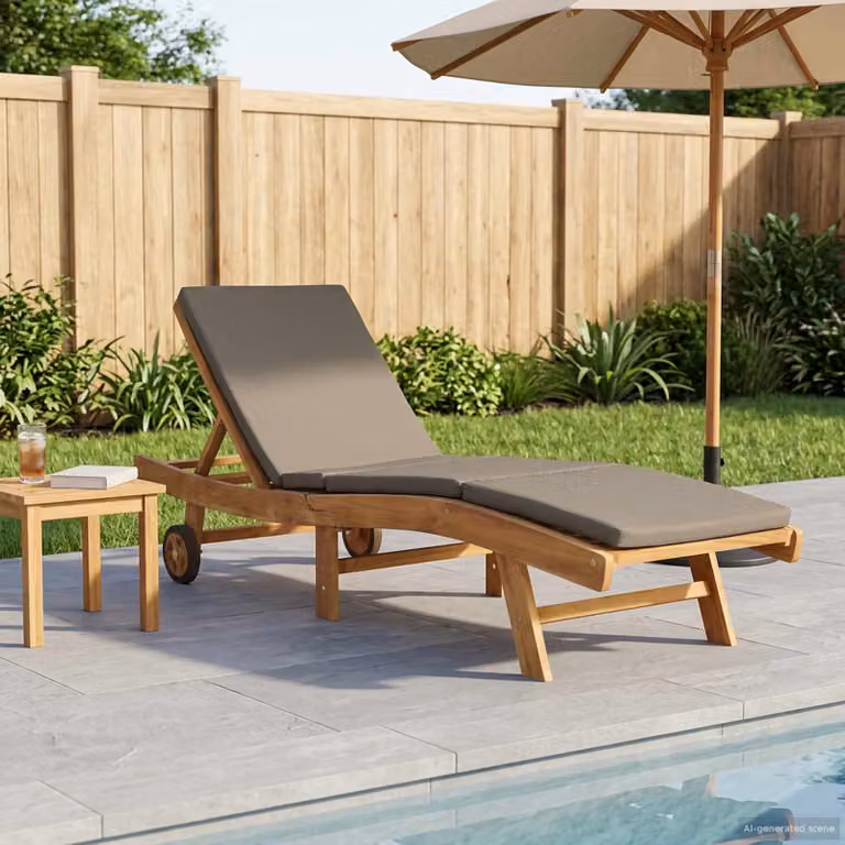 vidaXL Lettino da sole in legno di teak con poggiatesta regolabile e tessuto in poliestere resistente ai raggi UV, Marrone, Beige e Grigio