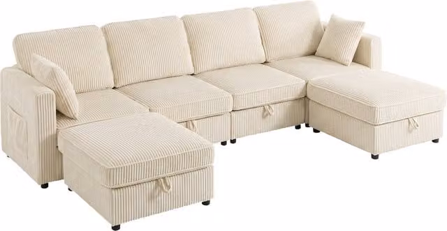 Divano modulare a U HOMCOM a 4 posti con 2 pouf contenitore in velluto a coste, colore beige, L: 306 cm