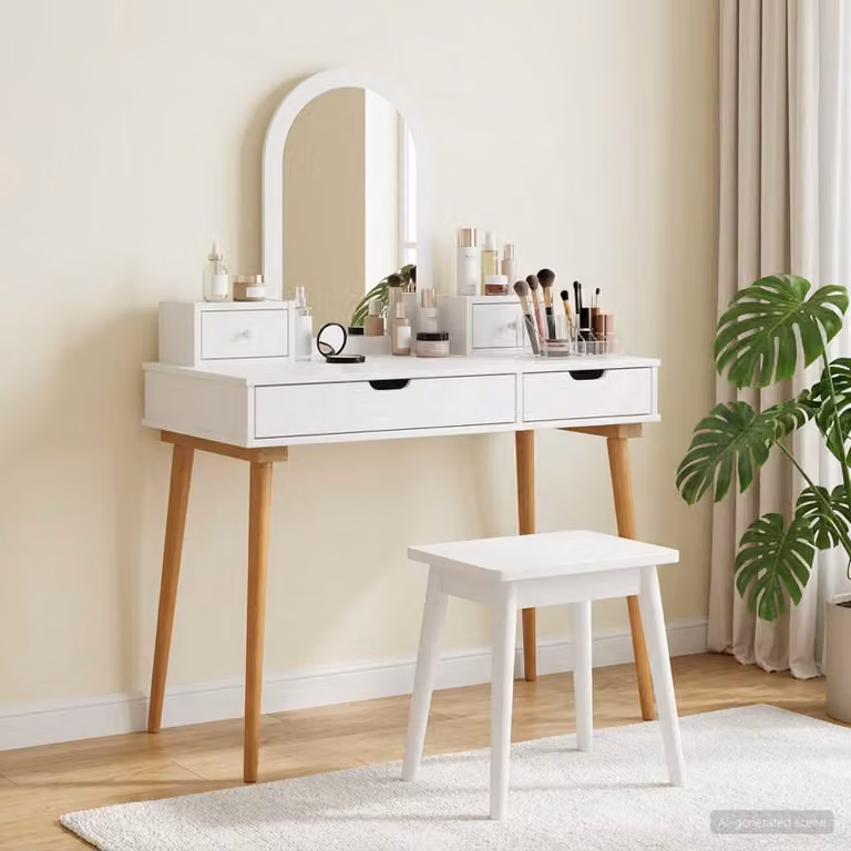 Set Tavolo da Trucco vidaXL FAUSKE 4 pz Bianco L: 100 cm, P: 50 cm, H: 143 cm