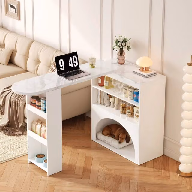 Tavolo bar moderno Zephmum estraibile e rotante con area per animali domestici, Bianco lucido, L: 120+80 cm, P: 40 cm, H: 100 cm
