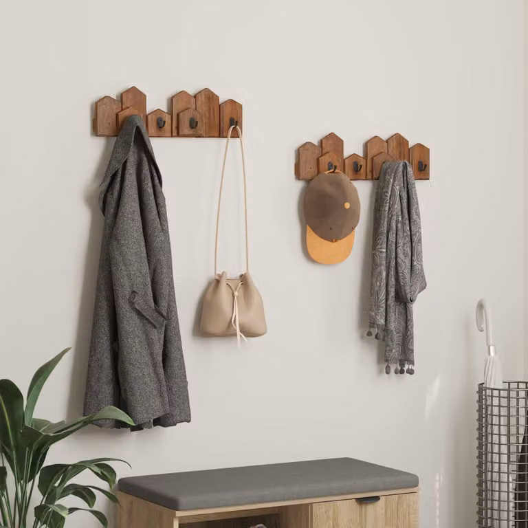 Gruccia vidaXL in legno e metallo marrone e nera con ganci distribuiti, stile rustico, L 48 cm x P 8 cm x H 15 cm