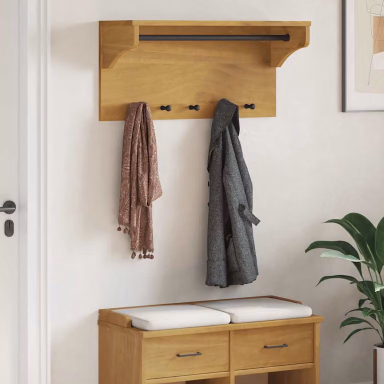 vidaXL Appendiabiti da Parete SANDNES in Legno di Pino Marrone L: 87 cm, P: 30 cm, H: 42 cm