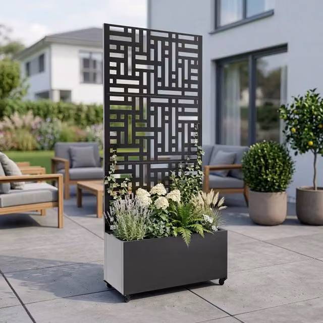 Fioriera con Spalliera Bernalda casa.pro in Acciaio Grigio Antracite con 4 Rotelle L: 190 cm, P: 82 cm, H: 38 cm