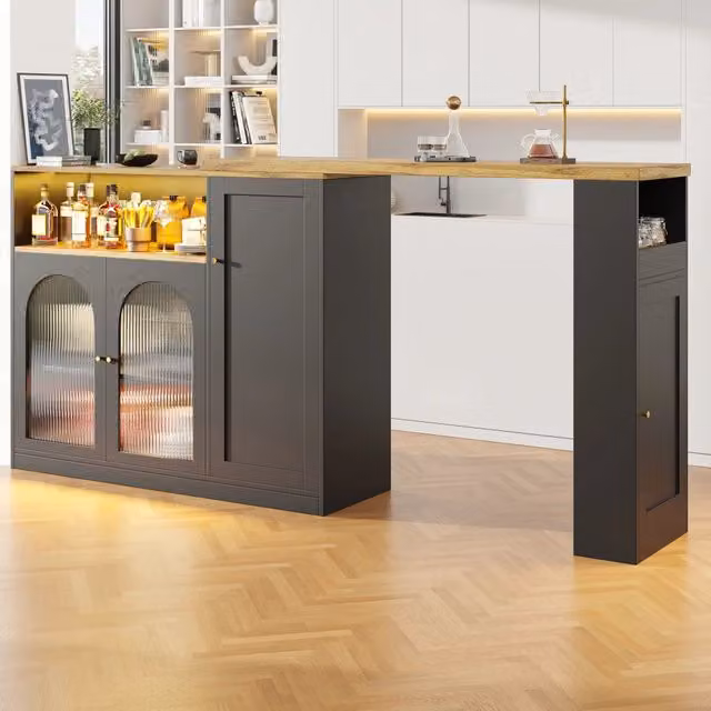 Tavolo bar girevole 360 Zephmum con scrivania, vetro e illuminazione LED, Nero opaco, L: 198 cm, P: 39,6 cm, H: 97 cm