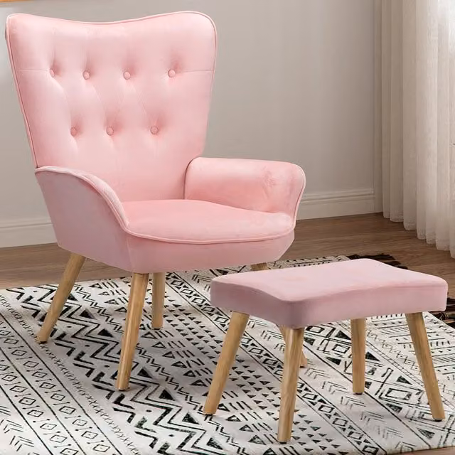 Poltrona Lounge in Velluto Rosa con Poggiapiedi Integrato e Gambe in Legno e Metallo in Stile Scandinavo Giordanoshop