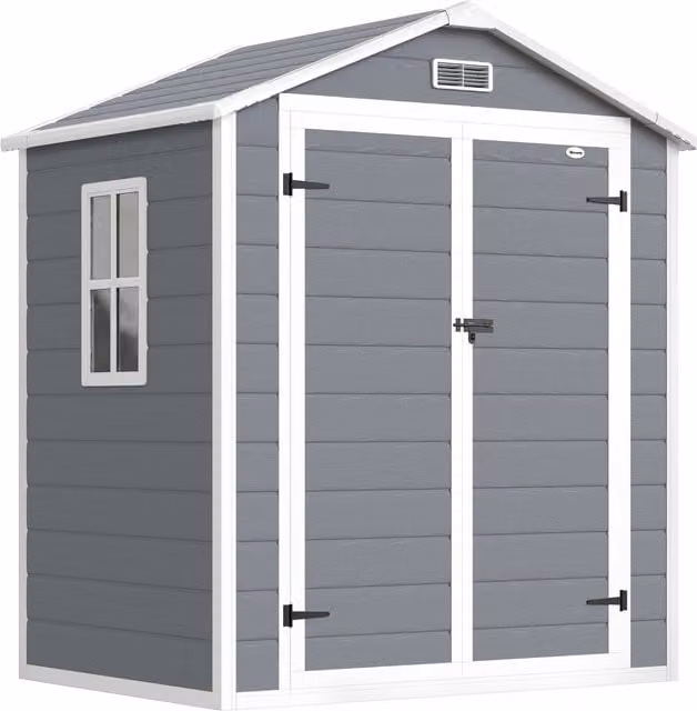 Casetta da Giardino Outsunny con Doppia Porta con Serratura e Finestra, Capanno per Attrezzi in Alluminio e PP, Grigio