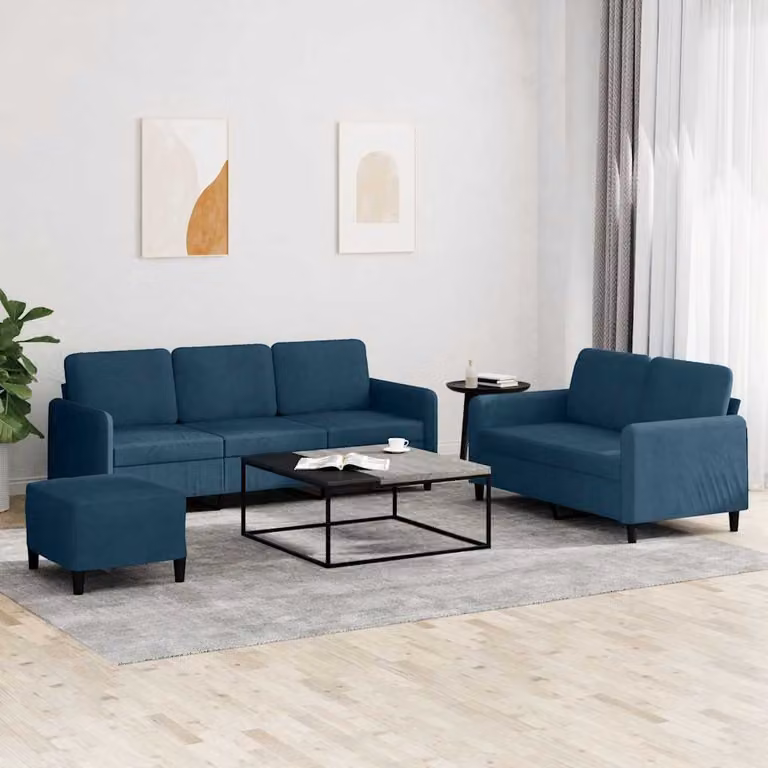 Set di divani vidaXL 3 pezzi in velluto blu con pouf e cuscini per soggiorno moderno