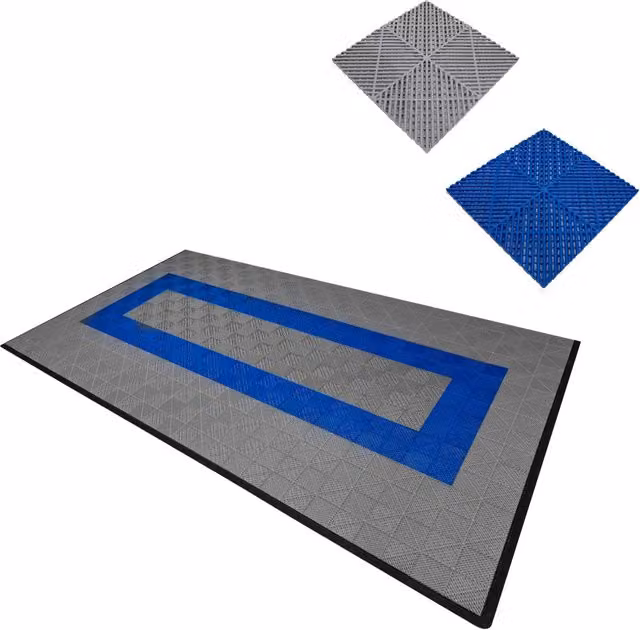 Piastrelle ventilate antiscivolo MONSTER SHOP in plastica per garage e officine, grigie e blu, L: 6 m x P: 3,2 m