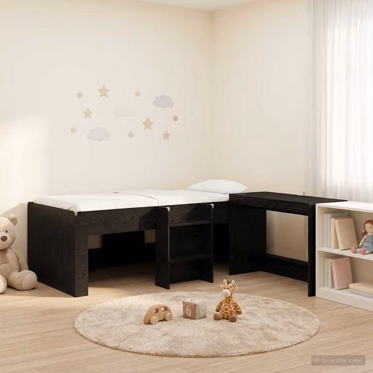Letto alto per bambini vidaXL con scrivania e scale, colore Nero e Rovere, L/P/H: 190 x 90 x 193 cm