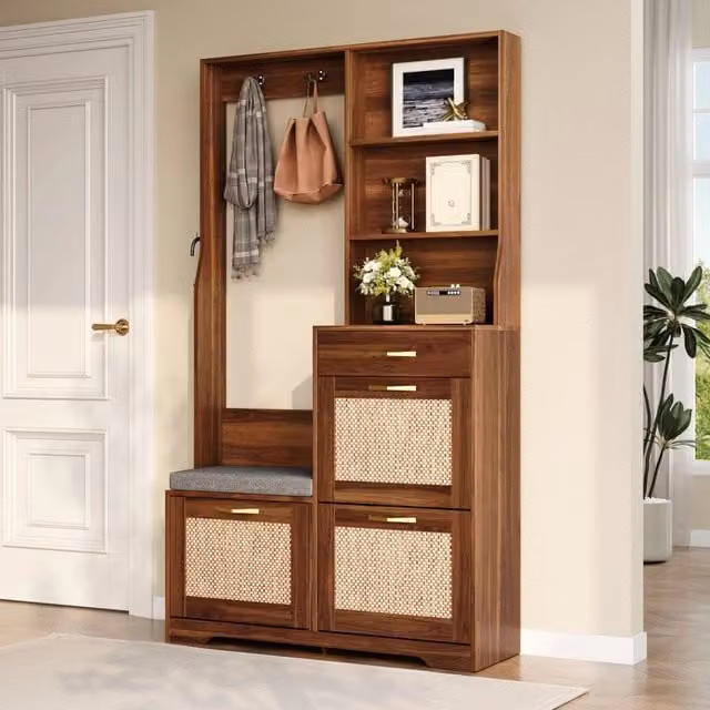 Guardaroba da ingresso moderno in MDF e metallo color marrone con panca, scarpiera a tre ante e appendiabiti, H: 170 cm, L: 100 cm, P: 30 cm
