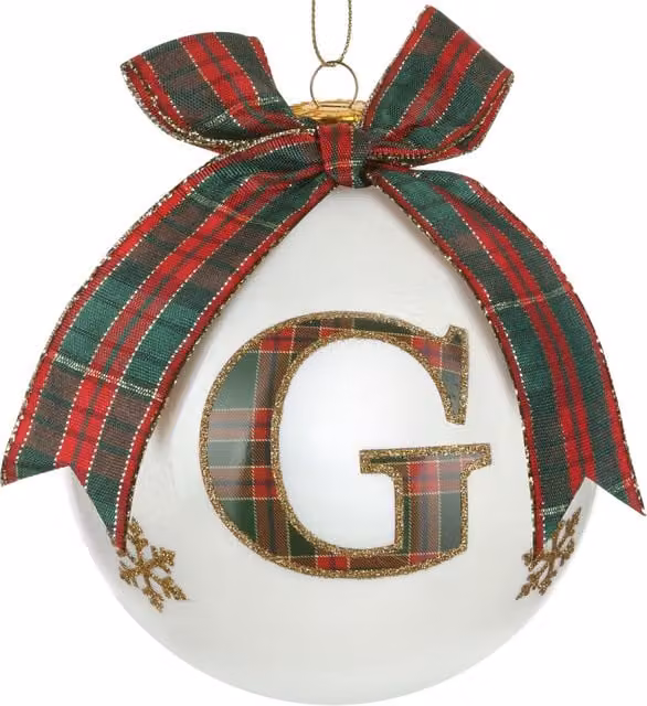Pallina di Natale KASANOVA in vetro con lettera G e motivo tartan nei colori rosso, bianco e verde, diametro 10 cm