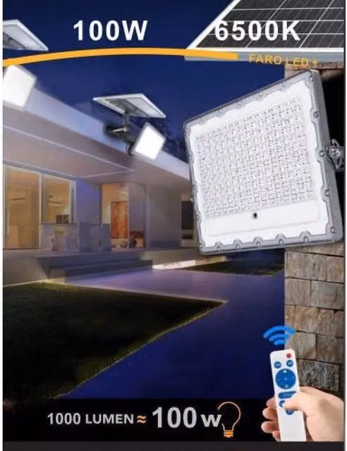 Faro Led da 100 Watt Trade Shop con Pannello Solare, Sensore Crepuscolare, Telecomando e Certificazione IP65, Colore Grigio