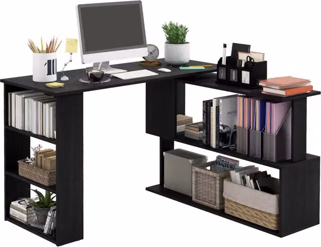 Scrivania Angolare Minimal con Piano Girevole e 5 Ripiani, Nero, L 120 x P 110 x H 74.5 cm