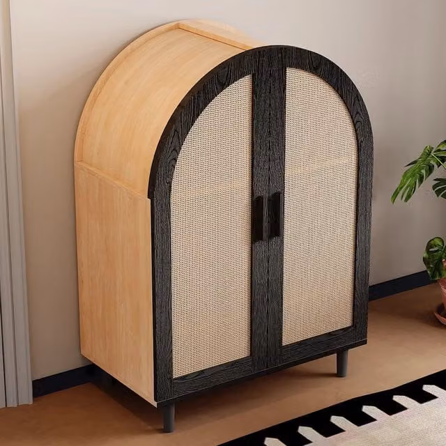 Mobile porta scarpe moderno con ante in rattan e ripiani interni, finitura opaca, colore nero o marrone, L: 100 cm, P: 40 cm, H: 40 cm