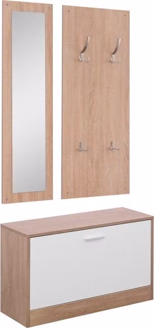 Set di 3 pezzi HOMCOM composto da scarpiera, appendiabiti e specchio in legno bianco per ingresso o camera da letto in stile moderno