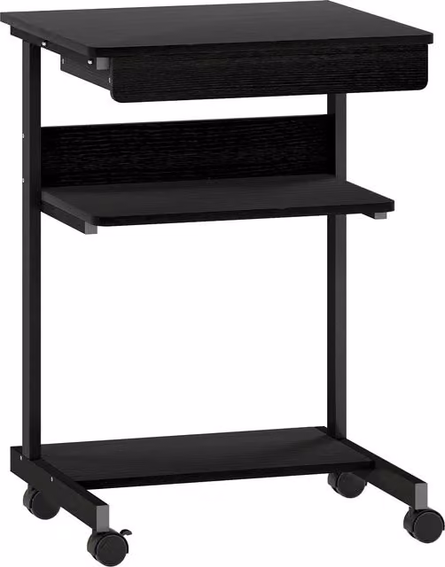 Scrivania PC HOMCOM moderna in legno e metallo con cassetto scorrevole, 2 ripiani e 4 rotelle, Nero, L: 56 cm, P: 51 cm, H: 79 cm