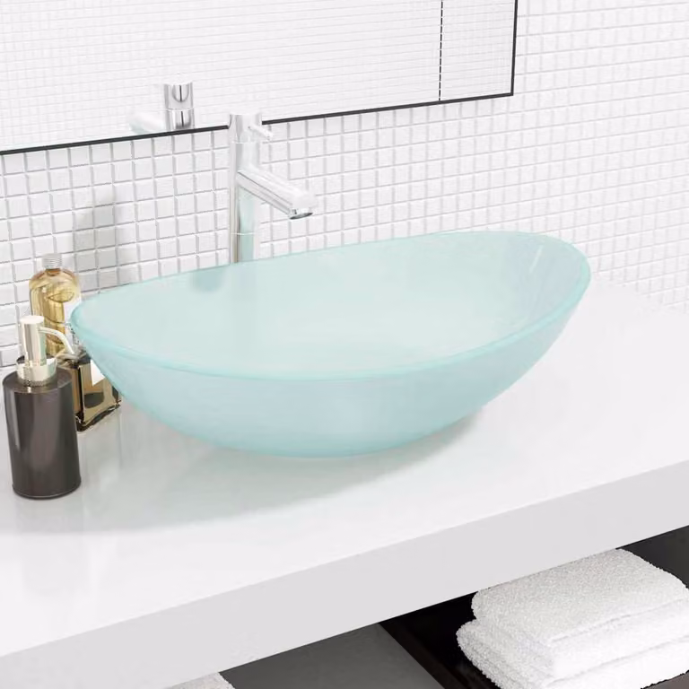 Lavandino da appoggio ovale in vetro temperato vidaXL, colore turchese trasparente, L: 54,5 cm, P: 35 cm, H: 15,5 cm