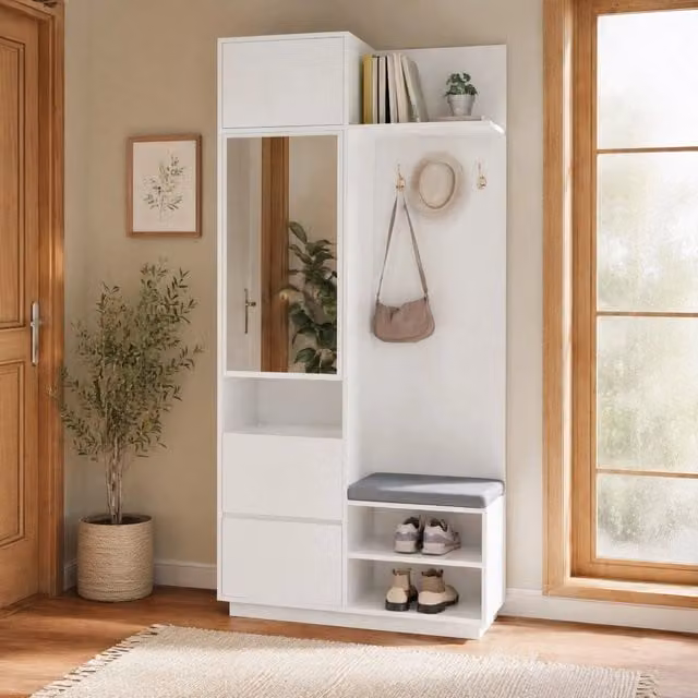 Set di mobili da ingresso MIVRAY bianco con specchio, seduta imbottita, ganci e scarpiera L: 90 cm, P: 34.5 cm, H: 190 cm