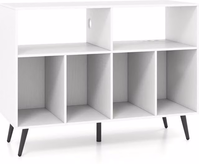 Mobile per giradischi e mensole per vinili DESIGN IN, colore bianco opaco, con scomparti multimediali e pannello posteriore