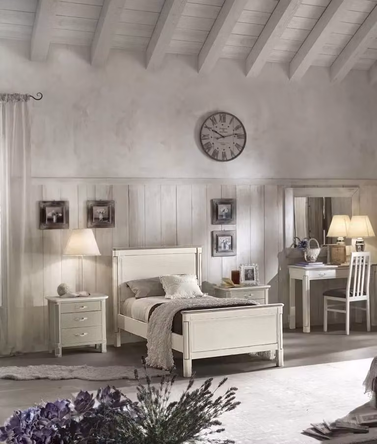 Set camera da letto completa in legno massello stile shabby chic Mobili 2G con struttura letto, armadio e comodino laccato disponibile in bianco, grigio o verde