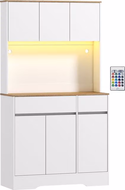 Mobile buffet cucina alto HOMCOM bianco con luce LED RGB, piano di lavoro, 6 ante e 2 cassetti
