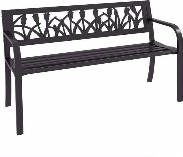 Panchina da giardino a 2 posti Outsunny in acciaio nero con schienale decorato floreale e braccioli, L 125 x P 50 x H 75 cm