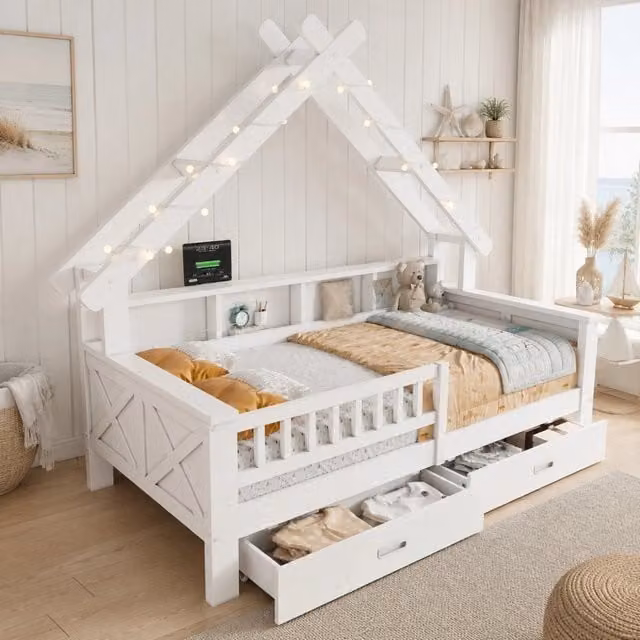 Letto a casetta Beaok per bambini in legno bianco con LED, ripiani e 2 cassetti L/P/H: 205 x 90 x 200 cm