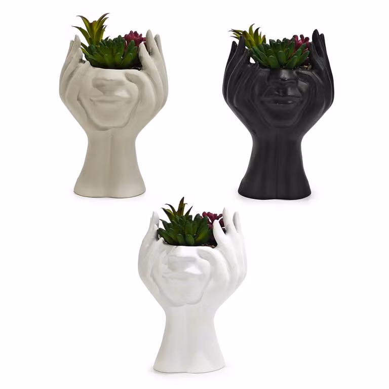 VESTIAMO CASA Vaso con Pianta Artificiale Verde e Mani Decorative in Cemento Bianco, Altezza: 20 cm