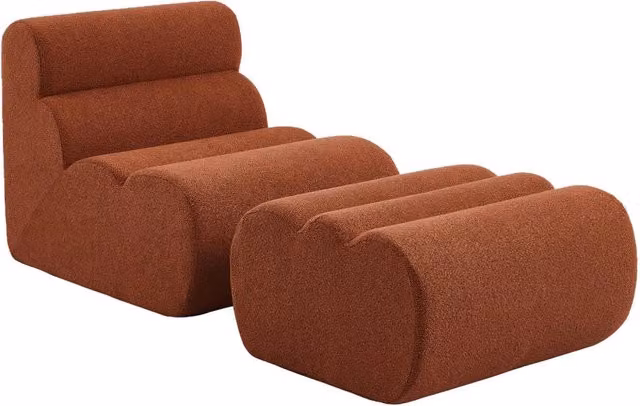 Poltrona lounge moderna Sweeek in tessuto bouclé con poggiapiedi coordinato colore arancione